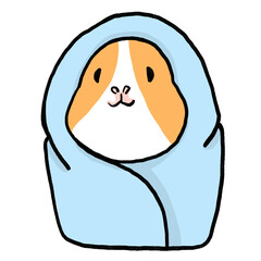 A guinea pig wrapped in a blue blanket, looking cozy and warm. Cute cartoon illustration of a pet in a relaxed and adorable style, ideal for merchandise and stickers.