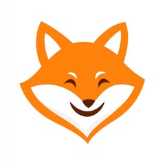 Obraz premium Smiling fox head; simple, flat vector design, orange with white border, brown mouth