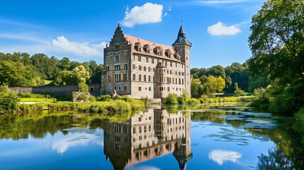 Obraz premium Majestic European palace with orange roof, ornate windows, and green park reflected in tranquil lake.