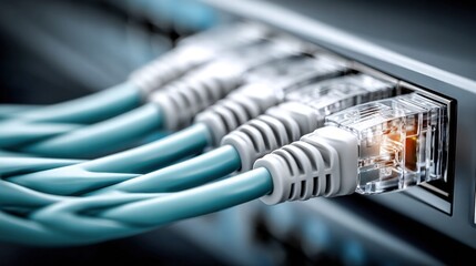Ethernet cables connected to a network switch, symbolizing data transfer and internet connectivity.