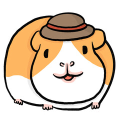 Adorable guinea pig cartoon wearing a little hat, sitting calmly with a happy face. 