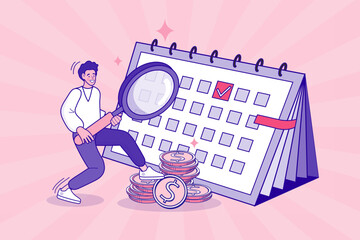 Financial planning concept with man holding magnifying glass on calendar with money. Payment schedule, budget deadline, payday reminder, and tax day vector illustration.