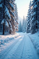 Icy road curves through snowy forest, winter wonderland phone background, snow background, road background