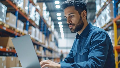 Innovative warehouse manager optimizing supply chain operations using advanced laptop technology