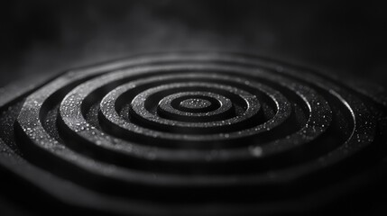A close-up view of a black, textured surface with concentric circles and water droplets.