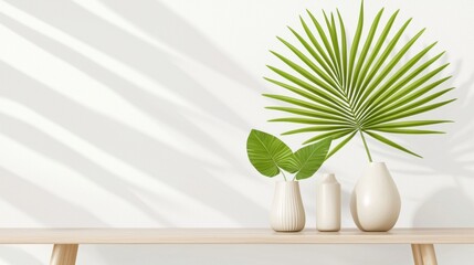 A minimalist white shelf with three vases and a palm leaf.
