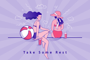 Fototapeta premium Two happy women in bikinis enjoy a relaxing summer holiday together. This stylish illustration evokes feelings of friendship, leisure, and serene vacation moments by the pool or beach..