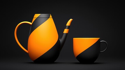 A black and orange coffee pot and mug set against a black background.