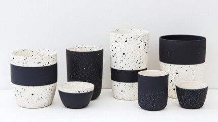 A collection of nine ceramic pieces in black and white speckled patterns, arranged in three rows of three.