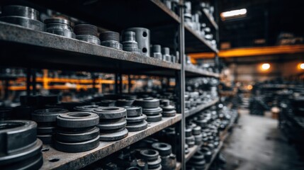 Metal parts neatly arranged on shelves in a workshop, ideal for industrial or engineering visuals.