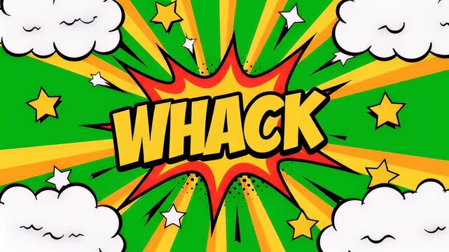 Explosive whack comic style design with star bursts and bold typography