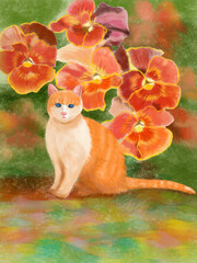 hand drawn yellow cat with flowers