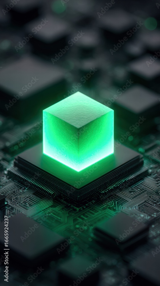 Poster a glowing green cube floats above a computer chip, representing the future of tech.