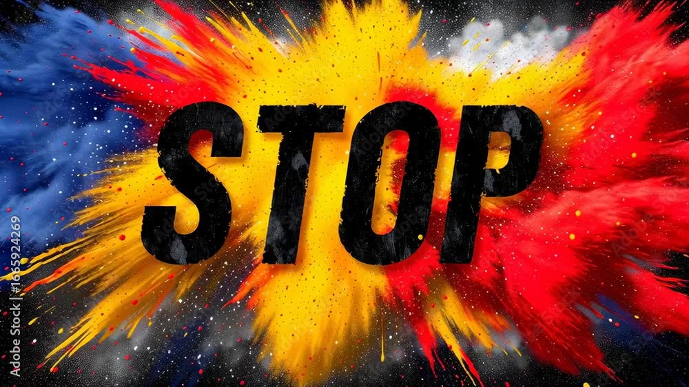 Poster dynamic explosion of colorful powders with bold 'stop' text in abstract design