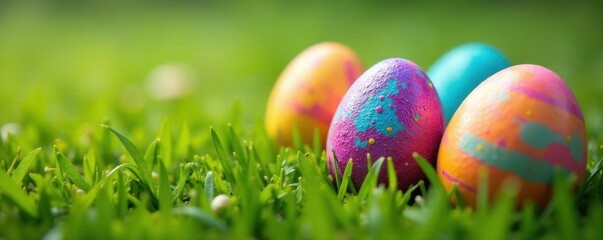Close-up of vibrant painted Easter eggs near paintbrushes on lush grass, picture, creative, meadow