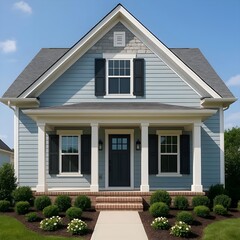 Charming blue house exterior with classic curb appeal today