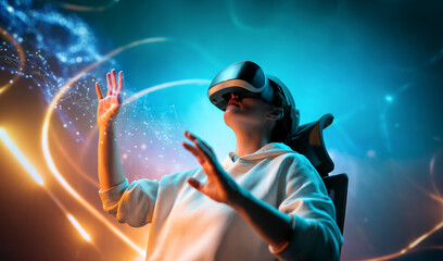 Woman with VR virtual reality goggles