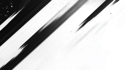 A black and white abstract design with diagonal lines and splatters.