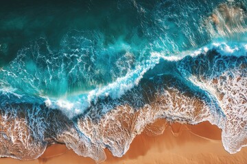 Fototapeta premium High-angle view of turquoise waves crashing on a golden beach
