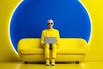 Man in yellow suit and sunglasses with laptop, futuristic tech setting against glowing blue circle