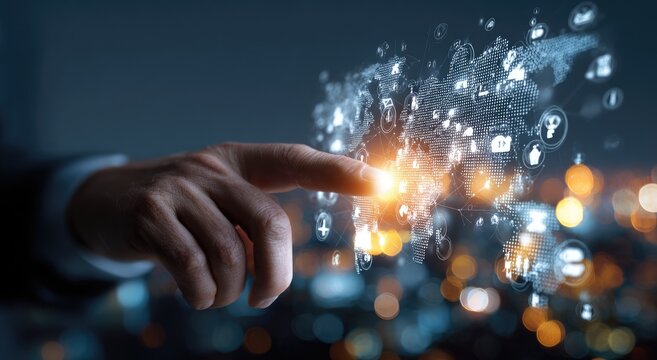 A hand points to a digital world map overlaid with icons, suggesting global connectivity and technology