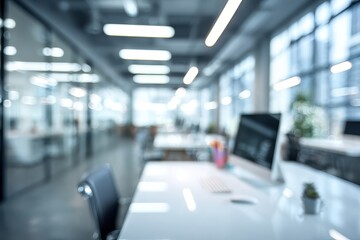 Fototapeta premium Modern office interior with blurred background showcasing a clean desk workspace, bright lighting, and large windows during daytime