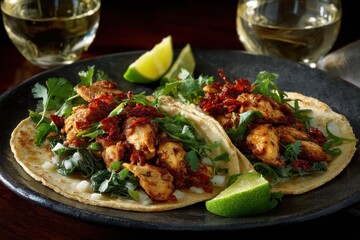 Enjoying flavorful chicken tacos with fresh limes and a glass of refreshing beverage on a dark wooden table