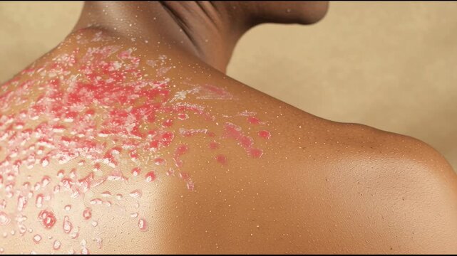 Macro clinical video depicting scaly, red inflamed plaques on the left scapular region of a back, highlighting plaque formations, pore details, and dermatitis severity for educational dermatology purp