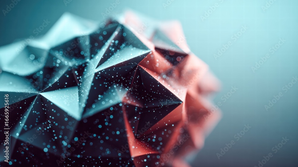 Poster a captivating 3d rendering of a geometric polygonal structure with a bokeh effect.