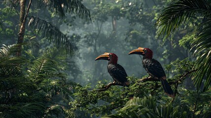Fototapeta premium Vibrant Hornbills Glide Gracefully Above the Dense Jungle