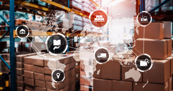 Smart warehouse management system with innovative internet of things technology to identify package picking and delivery . Future concept of supply chain and logistic network business .