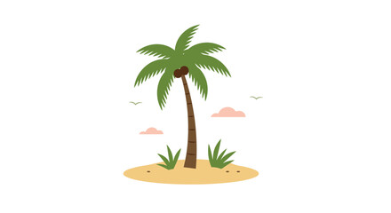 Obraz premium Tropical island getaway with palm tree, sandy beach, and serene sky illustration for travel and vacation vibes