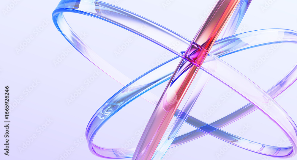 Poster blue science and tech 3d background with glass holographic transparent circle lines. iridescent abst