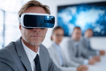 Older man wearing VR virtual reality headset, seated with blurred business team