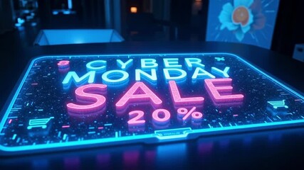 Dynamic holographic screen showcasing Cyber Monday deals, a vibrant 4k video perfect for tech promotions and sales events, creating urgency.