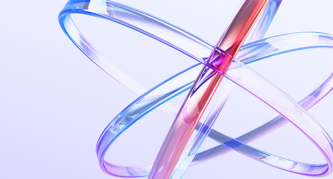 Fototapeta Blue science and tech 3d background with glass holographic transparent circle lines. Iridescent abstract structure of atom with purple red gradient for physics and chemistry design. 3D illustration