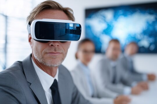 Older man wearing VR virtual reality headset, seated with blurred business team