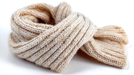 Beige knitted scarf on white background