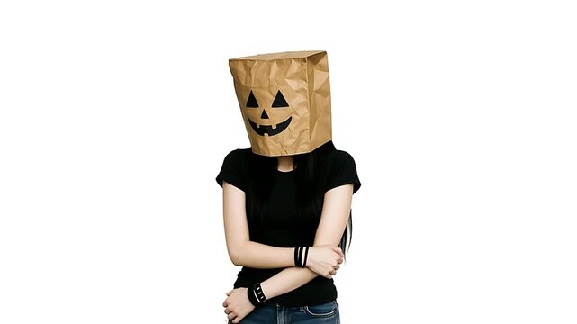 Anonymous Woman with Halloween Paper Bag Mask on White Background