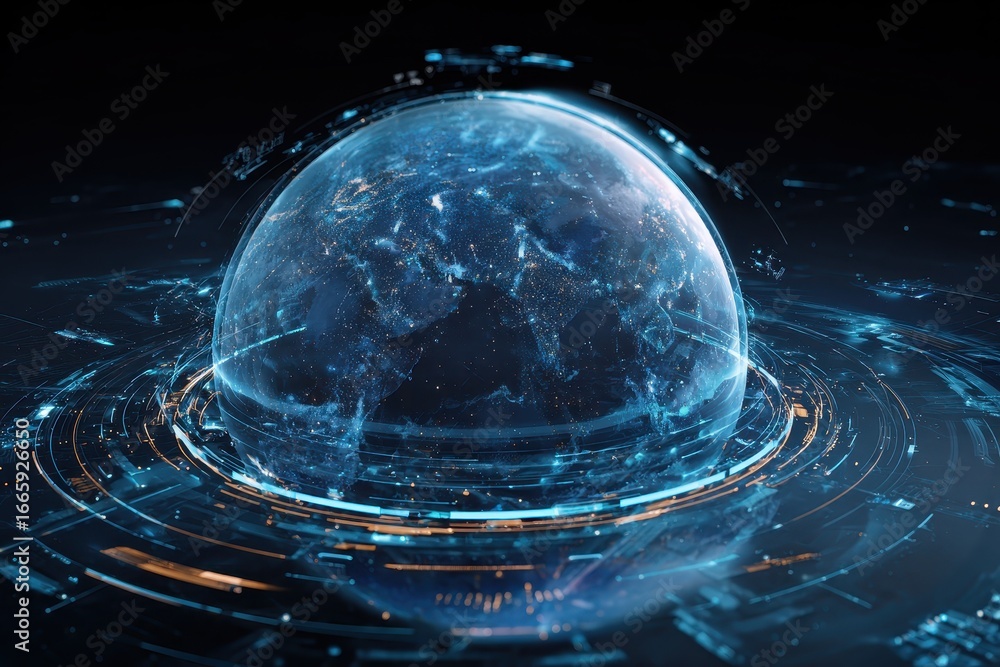 Poster futuristic planet hologram showcasing digital diagram of interconnected data in a cosmic environment