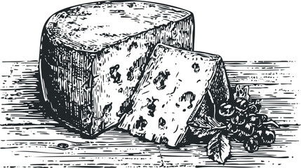 Textured slice of blue cheese with grapes on wooden surface