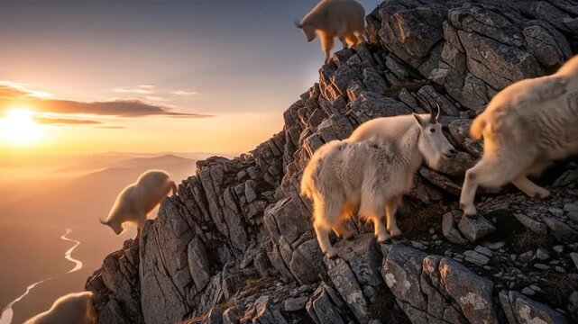 Magnificent Mountain Goats Gracefully Navigate Rocky Terrain at Sunrise, Awe-Inspiring Display of Wild Animal Agility and Natural Beauty High in the Mountains