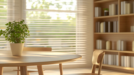 Fototapeta premium Minimalist dining room with wooden furniture. Interior design background illustration.