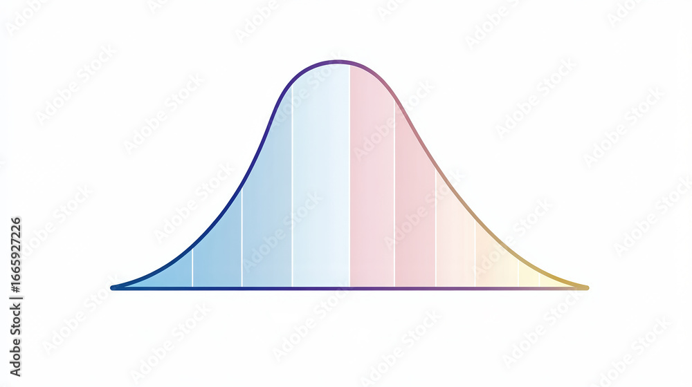 Poster a symmetrical bell curve representing a normal distribution, with shades of blue and pink, indicatin