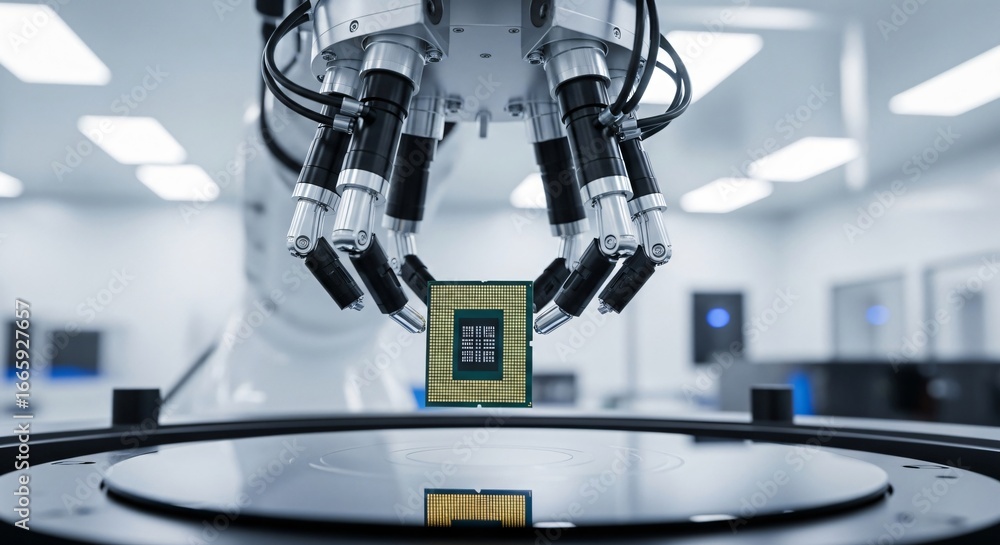 Poster robotic arm carefully placing microchip in advanced factory setting