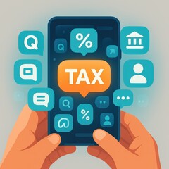 Fototapeta premium Hands holding a smartphone displaying a digital tax interface, highlighting various financial app icons.