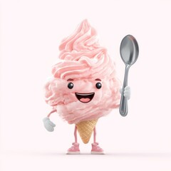 Cheerful ice cream cone character holding spoon on a light pink background