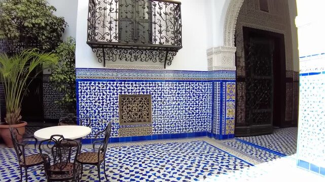 Exquisite Moroccan Courtyard with Geometric Tilework and Elegant Architectural Details