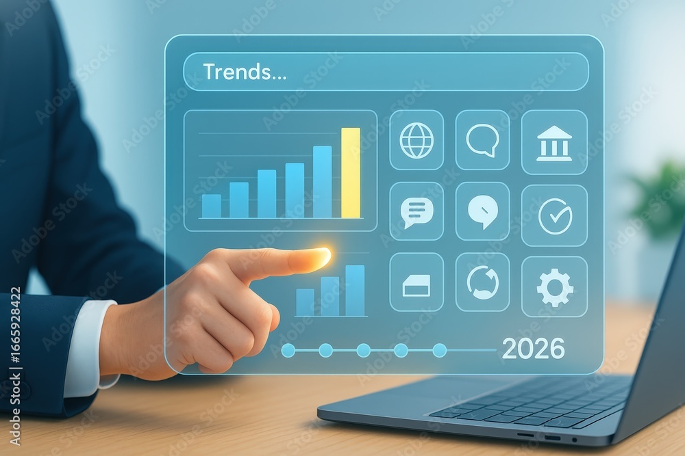 Poster a person interacts with a futuristic interface displaying data trends and various functions, includi