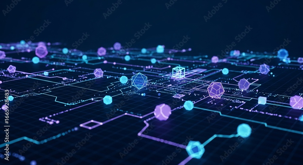 Poster abstract digital network with glowing geometric shapes and lines